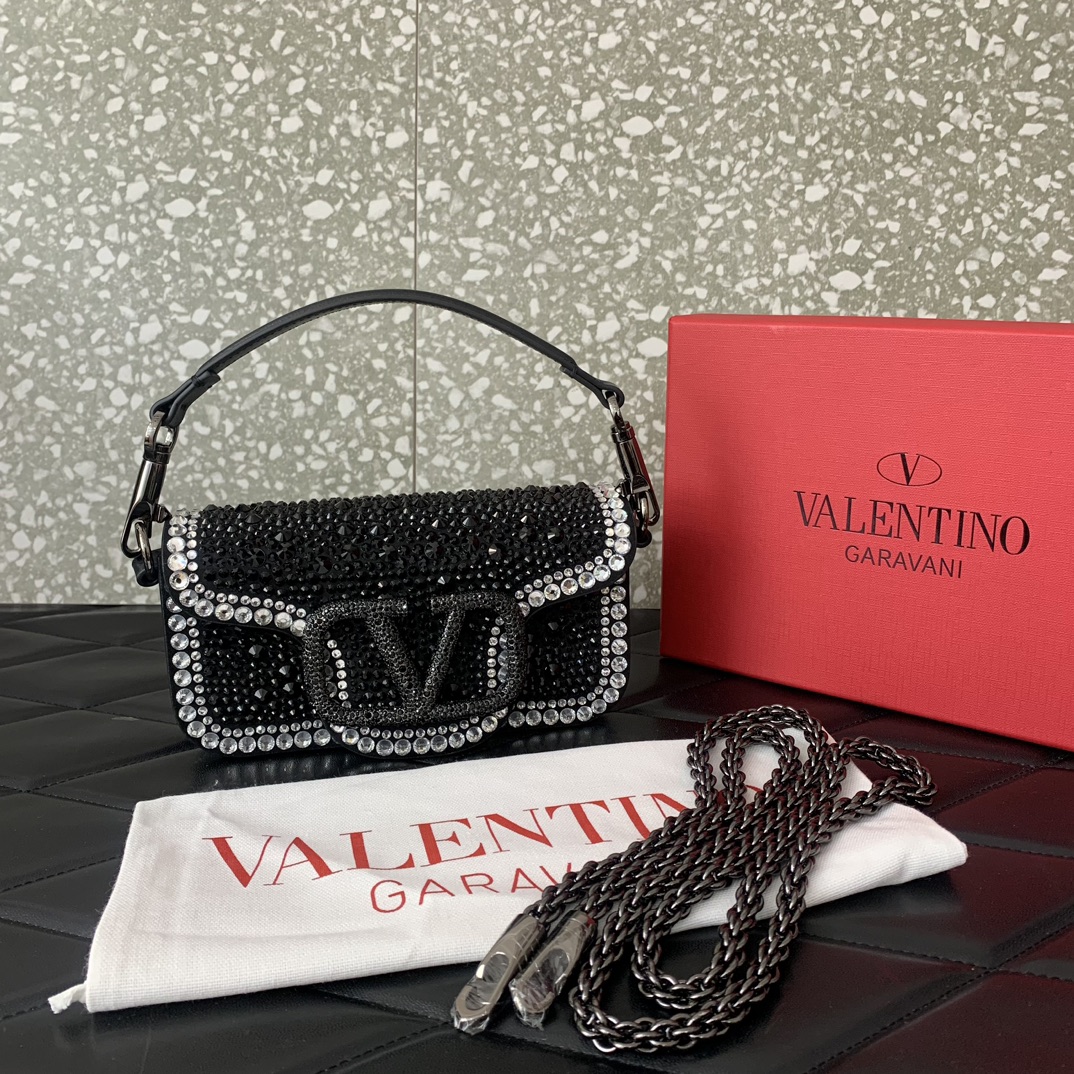 Valentino Garavani Loco Small Shoulder Bag with Black Rhinestone Applique